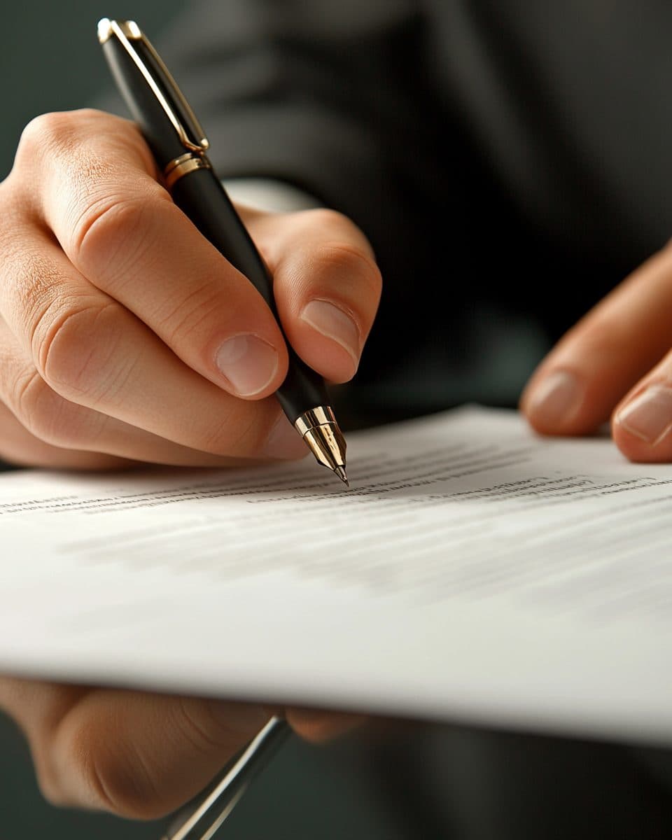 Hand signing a contract with gold pen