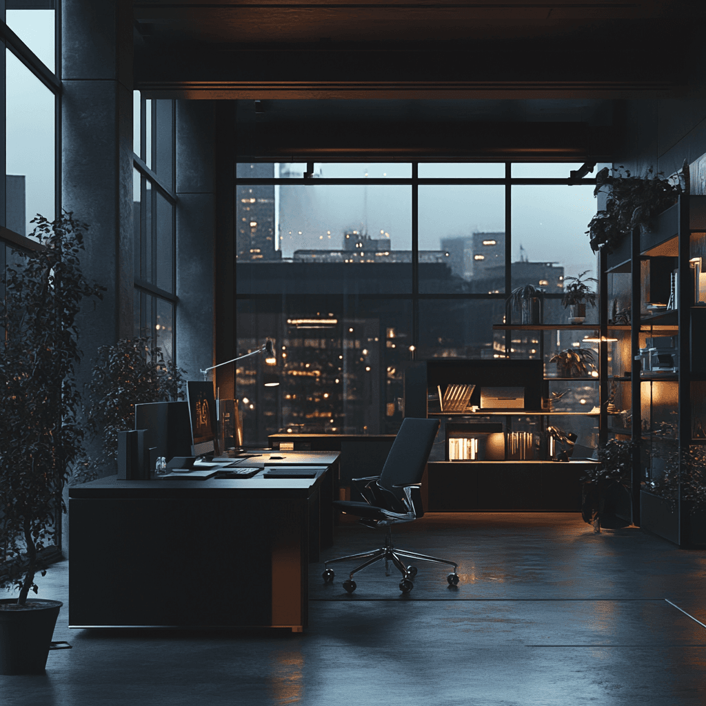 Modern office space at night