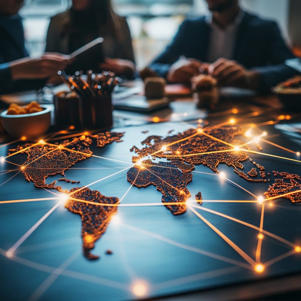 Global network map illustrating worldwide procurement reach