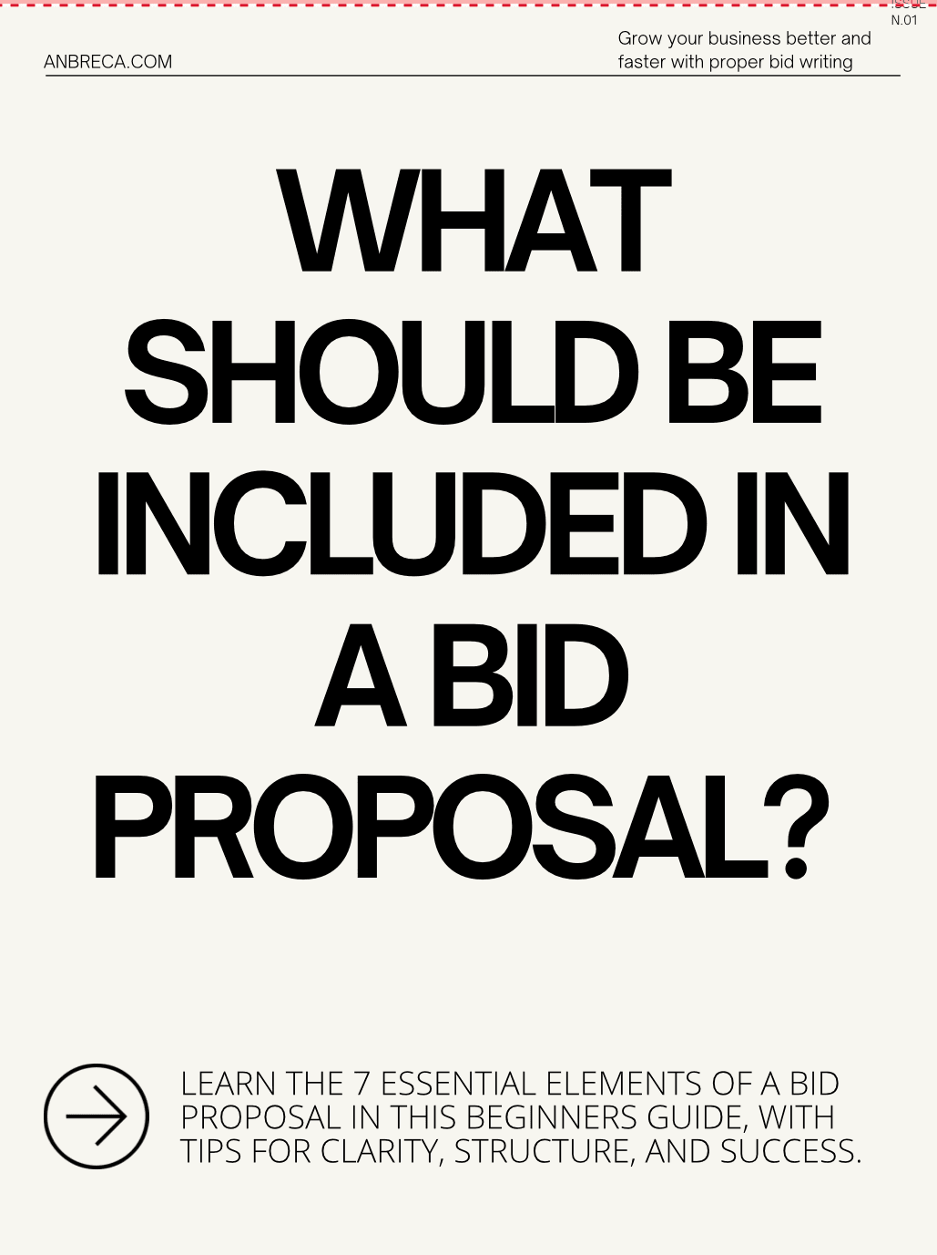 Article cover titled 'What Should Be Included in a Bid Proposal?' — learn the 7 essential elements of a bid proposal in this beginner's guide